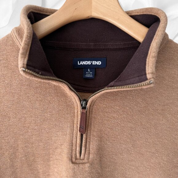 Lands’ End Men’s Quarter Zip Cotton Sweater Beige Size L | Mock Neck Neutral - Picture 3 of 9